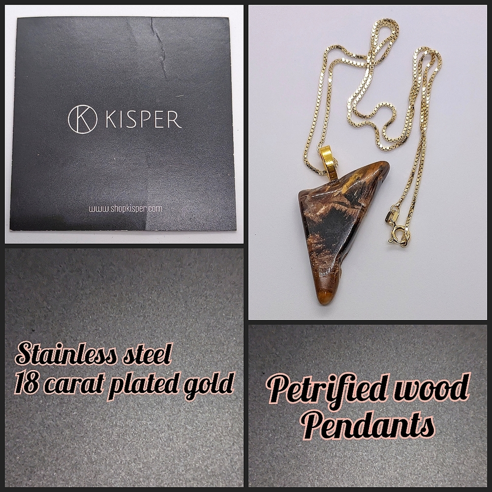 18 karat gold plated necklace with petrified wood pendant